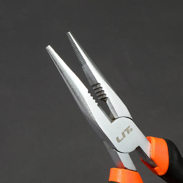 Close-up of 6-inch Long Nose Combination Pliers showcasing precision gripping and cutting design.