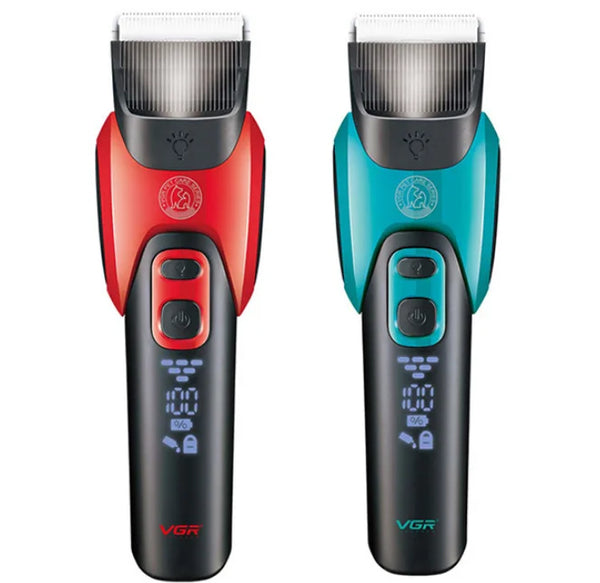 V-208 Rechargeable Professional Pet Hair Clipper in red and teal, featuring LED display for easy grooming.