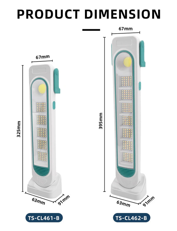Product dimensions of the IP44 Solar & Type-C Portable Outdoor Lamp showing sizes for models TS-CL461-B and TS-CL462-B.