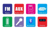 Icons representing features of Portable Bluetooth Outdoor Speaker with LED Display including FM, AUX, USB, Bluetooth, and battery.
