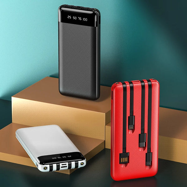 Digital Display Portable Power Bank in black, white, and red displayed on geometric shapes.