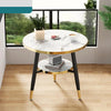 Round Marble Effect Side Table with Gold Trim and Lower Shelf featuring marble top and gold trim in a living space.