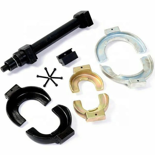 Universal McPherson Coil Spring Compressor Tool Set components including fork strut, compressors, and accessories.