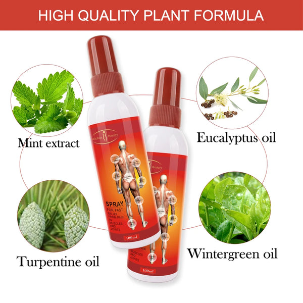 Organic Muscle and Joint Pain Relief Spray with mint, eucalyptus, turpentine, and wintergreen oils.