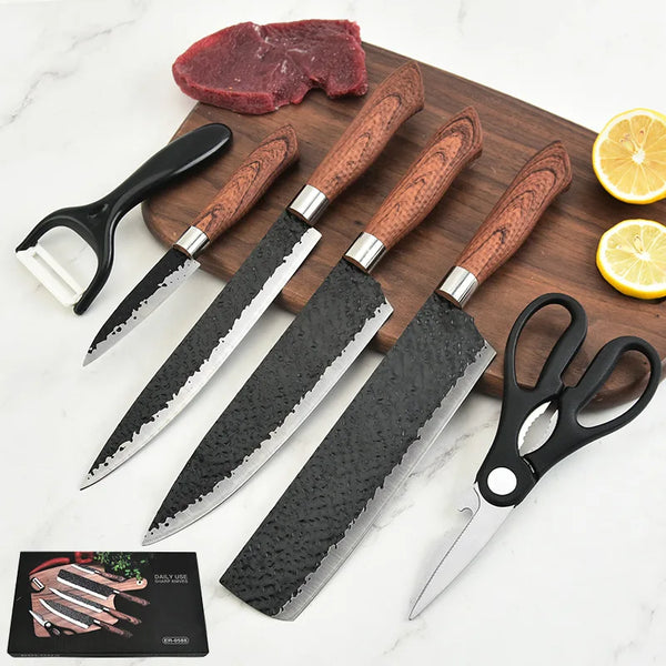 6 Piece Kitchen Cooking Knives Set with wooden handles, kitchen scissors, and a peeler on a cutting board.