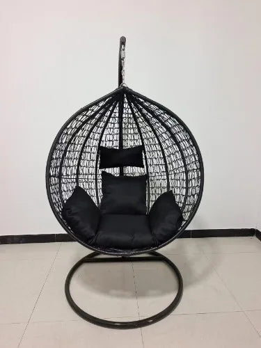 Grey Garden Outdoor Hanging Chair featuring a stylish black design and plush cushions for comfort.