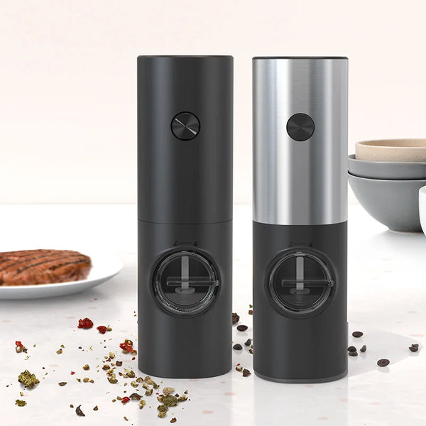 Electric Salt & Pepper Grinder Set in black and silver, perfect for effortless seasoning and precise cooking.