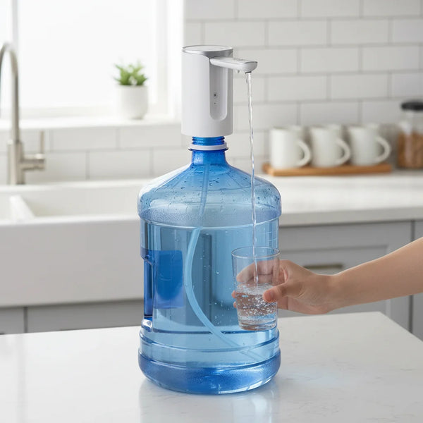 Portable Desktop Water Dispenser Pump in action, dispensing water into a glass from a large blue bottle.