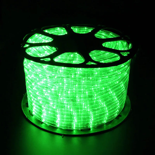 100m Heavy Duty Extension Cable Reel on a spool, glowing bright green in color, ideal for outdoor electrical setups.