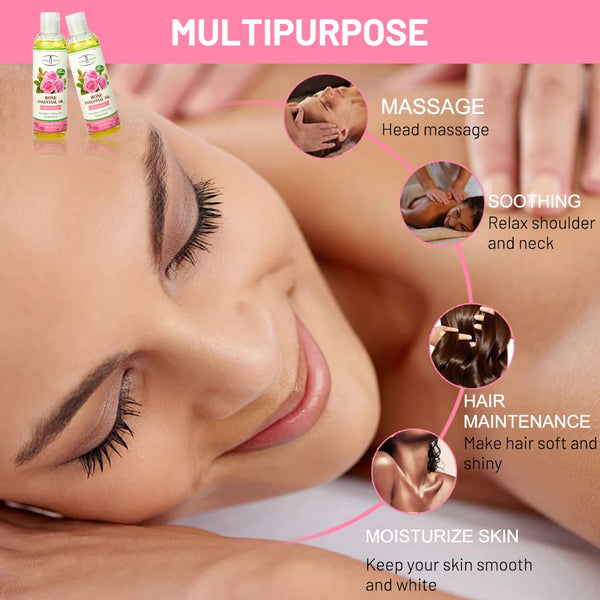 Woman enjoying massage with Pure Natural Rose Essential Oil, highlighting its multipurpose benefits for skin and hair.