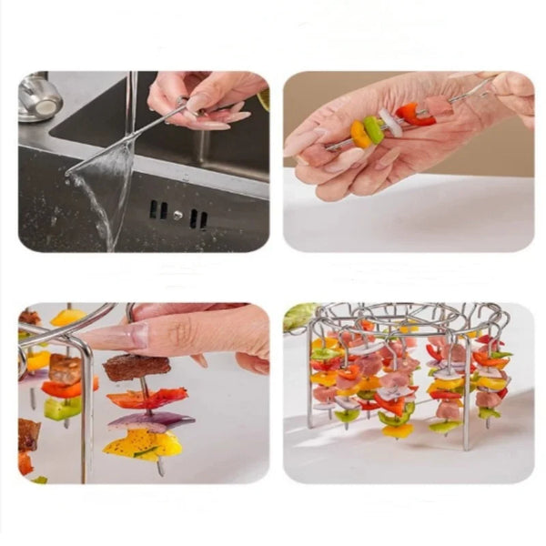 Air Fryer Barbecue Grill Rack and Skewer Set showing hands using skewers and grill rack with various ingredients.