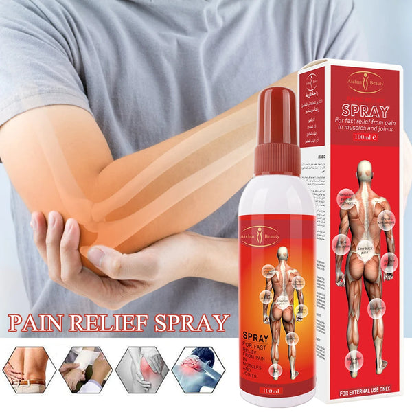 Organic Muscle and Joint Pain Relief Spray in a bottle with packaging, designed for fast pain relief in muscles and joints.