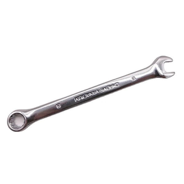 8mm Chrome Vanadium Metric Double End Wrench with a polished chrome finish and ergonomic design for effective gripping.