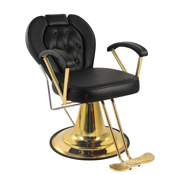 Heavy Duty Barber Chair in black leather with gold accents, designed for comfort and durability in salons.