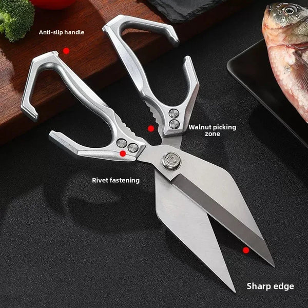 Strong Big Head Kitchen Scissors with anti-slip handle, sharp edge, and walnut picking zone for versatile cutting tasks.