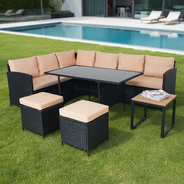 Modern Iron PE Rattan Outdoor Furniture Set in a stylish outdoor setting by the pool.