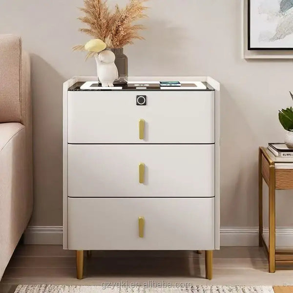 Modern Minimalist Solid Wood Wireless Nightstand with Storage Cabinet beside a sofa in a stylish bedroom.