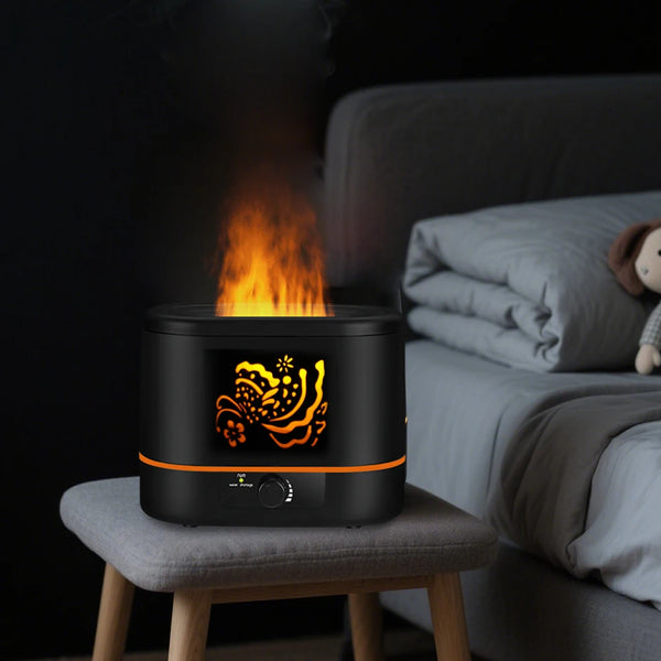 2000ml Volcanic Aromatherapy Humidifier creating a calming mist beside a bed.