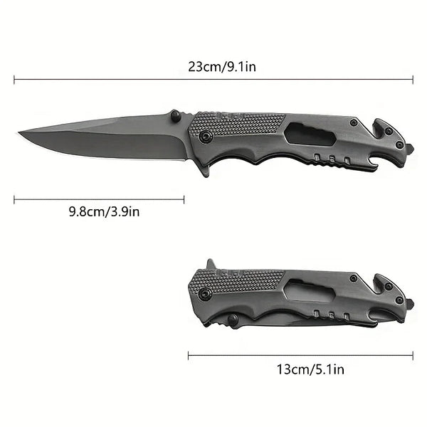 High Hardness Steel Folding Survival Pocket Knife shown open and closed, highlighting its compact design and robust features.