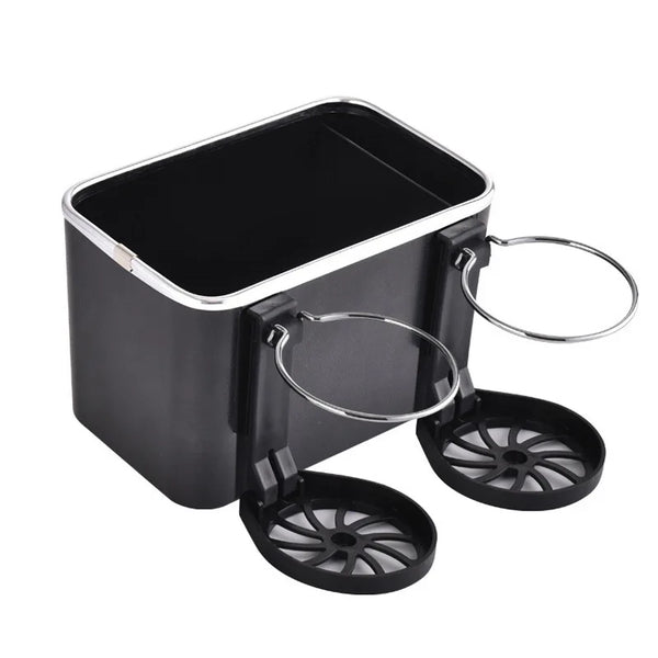 Car Armrest Cup Holder Storage Box with dual cup holders and spacious storage for drinks and small items.