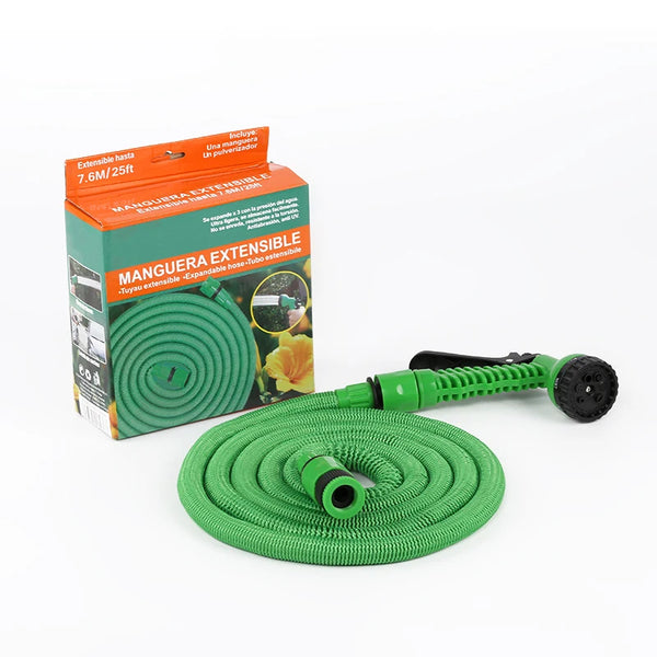 75ft Lightweight Flexible Expandable Car Wash Water Hose with green design and nozzle, ideal for outdoor use.