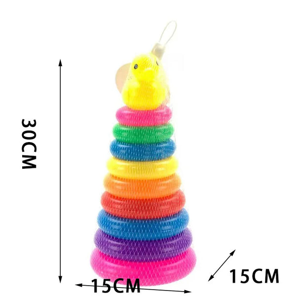 Rainbow Duck Stacking Tower Toy featuring colorful rings and a duck on top, ideal for sensory development and motor skills.