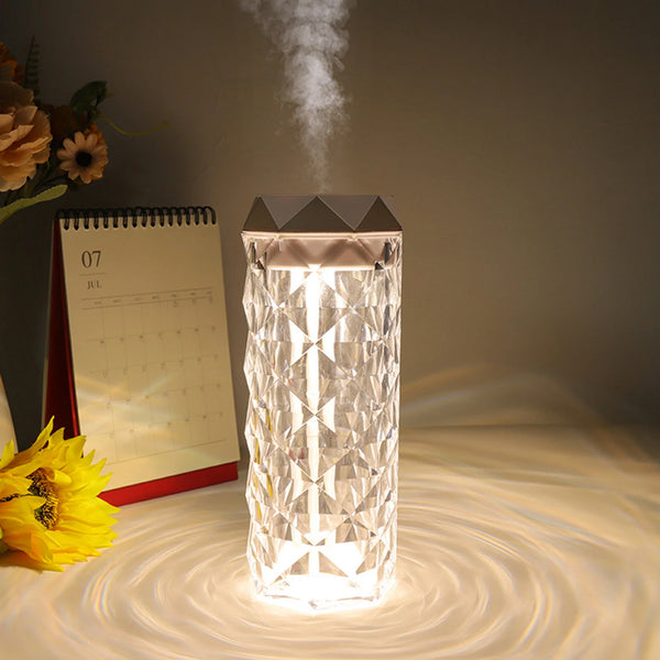 Crystal Table Lamp Air Humidifier emitting mist with soft lighting, enhancing room ambiance and air quality.
