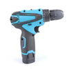 10mm Cordless Impact Drill and Driver Tool Kit showcasing a blue and black cordless drill with adjustable settings.