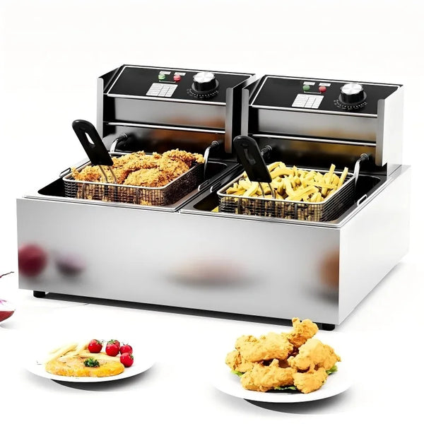 Commercial 6L+6L Double Tank Electric Deep Fryer with chicken and fries in baskets, perfect for busy kitchens.