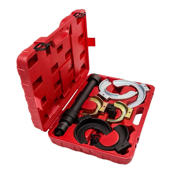 Universal McPherson Coil Spring Compressor Tool Set in a red case, designed for safe suspension repairs and controlled compression.