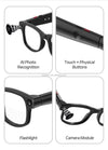 AI Camera Sunglasses with HD Video Recording features AI Photo Recognition, touch buttons, flashlight, and camera module.