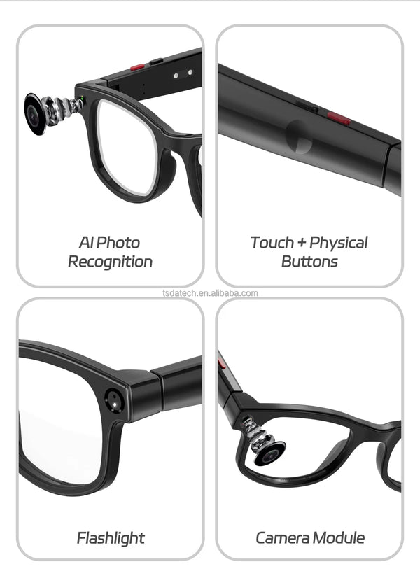 AI Camera Sunglasses with HD Video Recording features AI Photo Recognition, touch buttons, flashlight, and camera module.