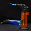 FD999 Modern Transparent Body Plastic Welding Gun igniting with flame, showing high-clarity gas level reservoir.