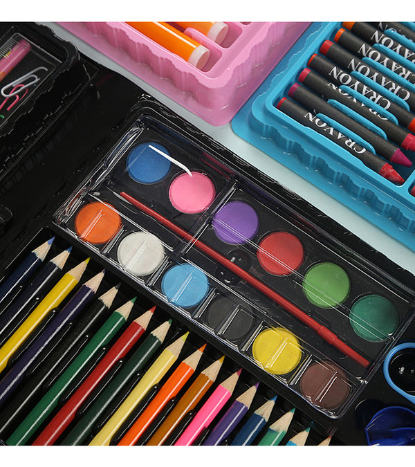 Deluxe Childrens Stationery Artist Painting Gift Box featuring colorful pencils, watercolor paints, and assorted crayons.