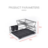 Stainless Steel Countertop Dish Drying Rack with two-tier design and dimensions for effective dish drying.