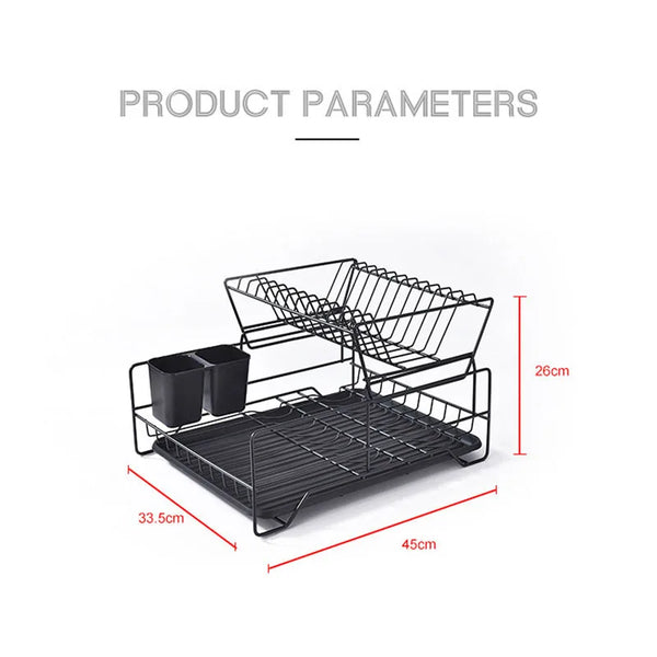Stainless Steel Countertop Dish Drying Rack with two-tier design and dimensions for effective dish drying.
