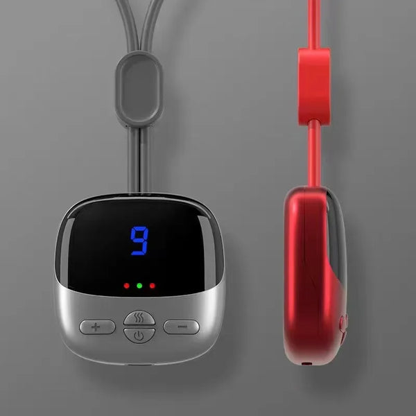 Smart Electric Pendant Neck Massager with Hot Compress controller showing digital display and settings.