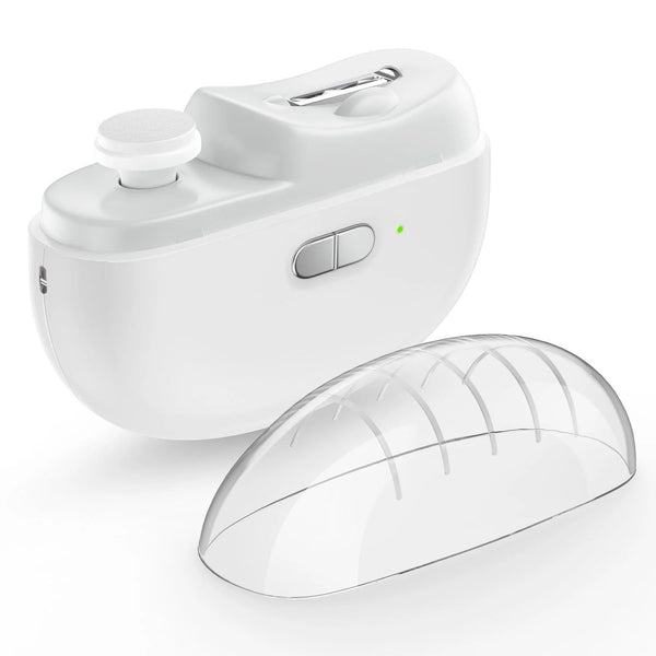 Home Use Automatic Electric Nail Clipper along with its protective cover for safe and easy nail care.
