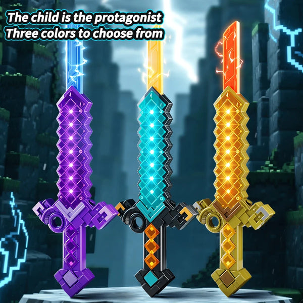 LED Pixel Light-Up Sword Toy with Sound Effects in three colors: purple, blue, and yellow, featuring bright lights and sound effects.