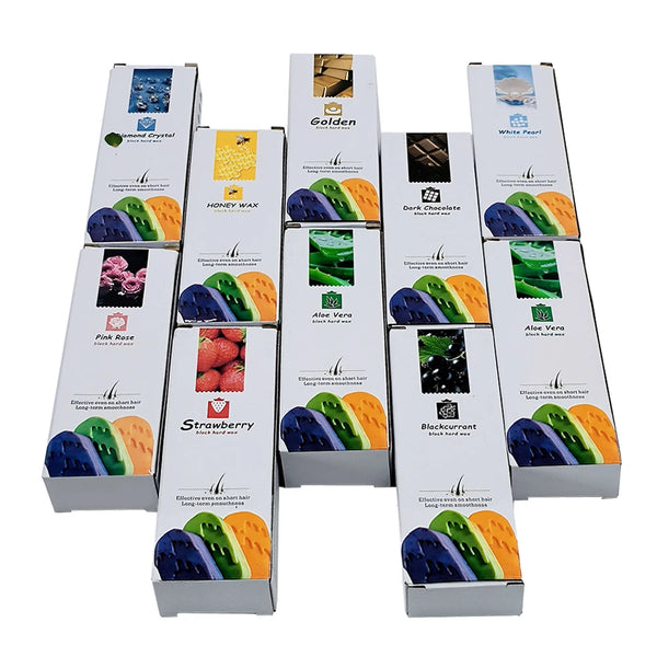 Display of various wax block products including Painless Honey Hard Wax Block and others.