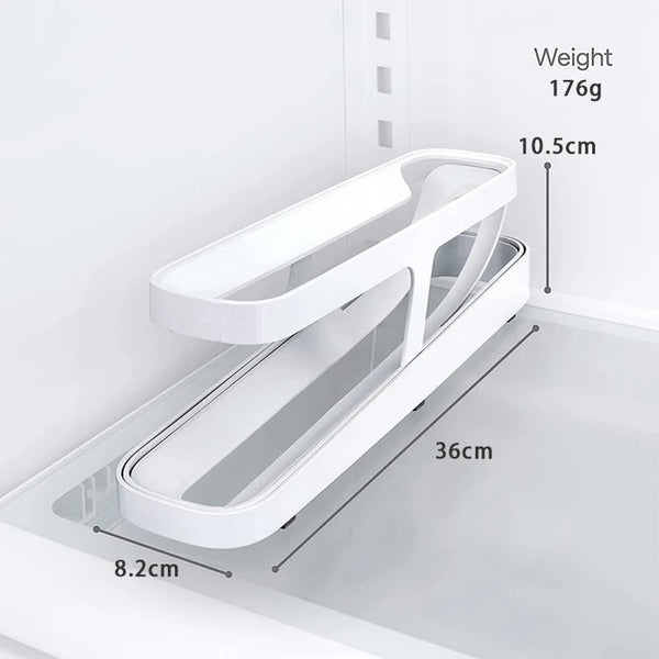 Refrigerator Egg Rolling Organiser for Storage dimensions showing 36cm length and 10.5cm height in a fridge.