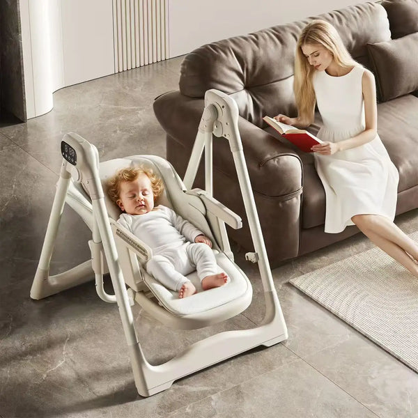 Adjustable Baby High Chair with Swing shown in use, a baby resting in a cozy position while a parent reads nearby.