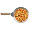 Stainless Steel Round Pizza Peel with Wooden Handle holding a freshly baked pizza with toppings.