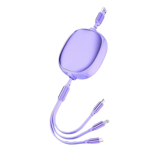 3-in-1 Retractable Fast Charging USB Cable in purple, featuring Micro USB, Lightning, and Type-C connectors.