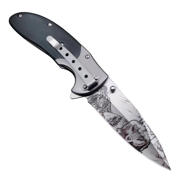 Engraved Wilderness Tactical Folding Knife featuring a high-carbon steel blade and detailed handle design.