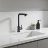 Matte Black Single Handle Kitchen Sink Faucet installed in a modern kitchen with minimalistic design.