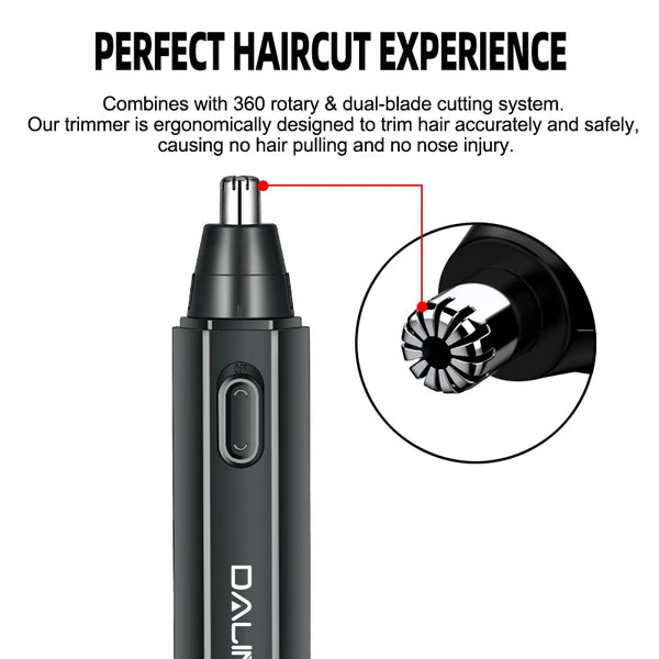Professional Nose & Ear Hair Trimmer features a 360 rotary & dual-blade cutting system for safe and efficient grooming.