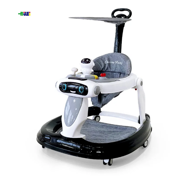 4 in 1 Multifunctional Push Baby Walker with Music in gray and white with interactive toy features.