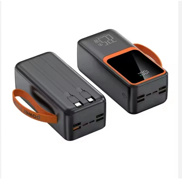 58000mAh Waterproof Power Bank with 22.5W Fast Charging showing dual USB ports and digital display.