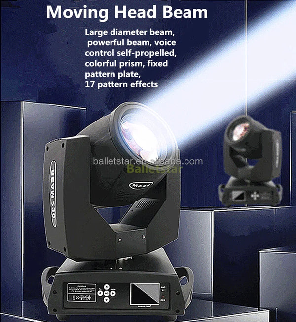 230W 7R Beam Moving Head Stage Light showcasing large diameter beam and powerful effects for events.